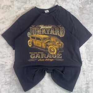 Y2K Junkyard Garage Rat Rod Graphic T Shirt Black Auto Salvage Size Large